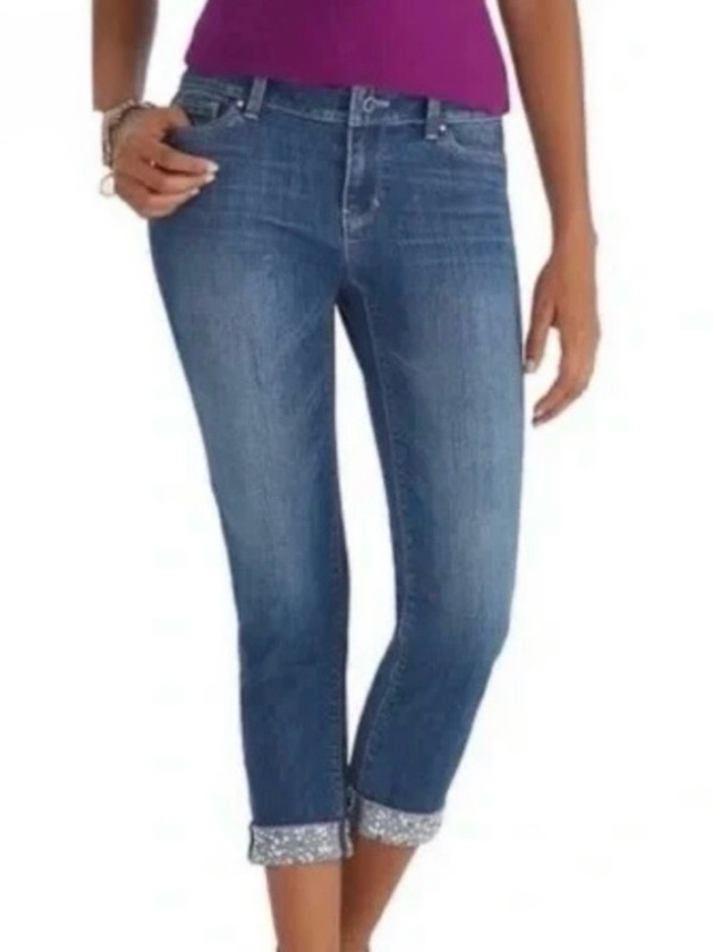 WHBM EMBELLISHED JEWEL CUFF SLIM ANKLE CROP JEANS